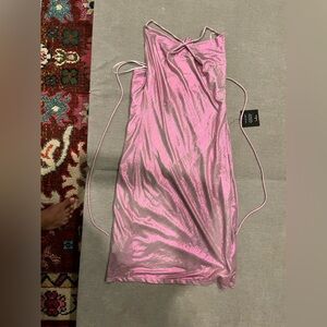 Supernova Shiny Pink Lace-Up Cowl Neck Midi Dress